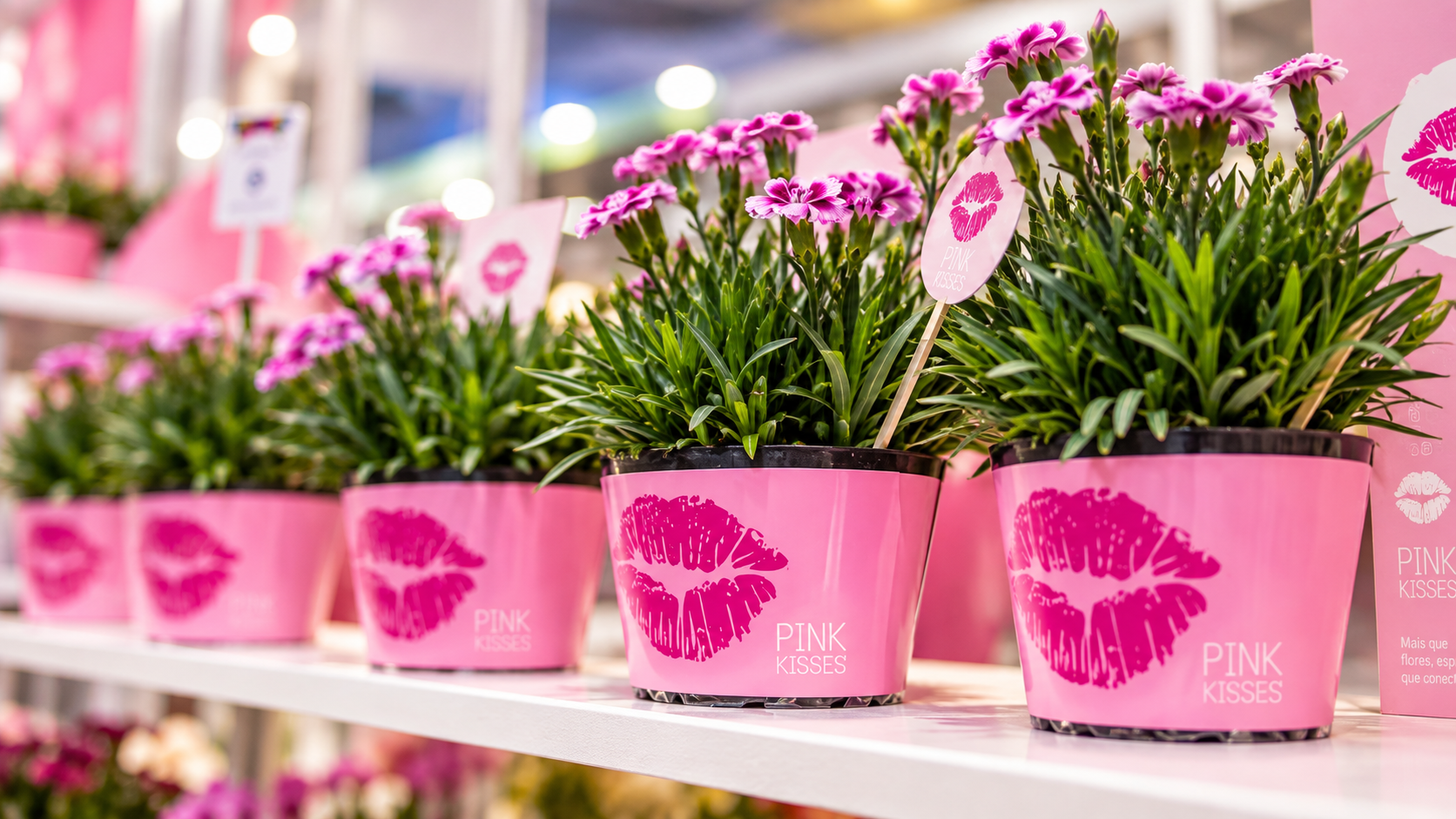 Aplicação personalizada da marca Pink Kisses em produtos no ponto de venda